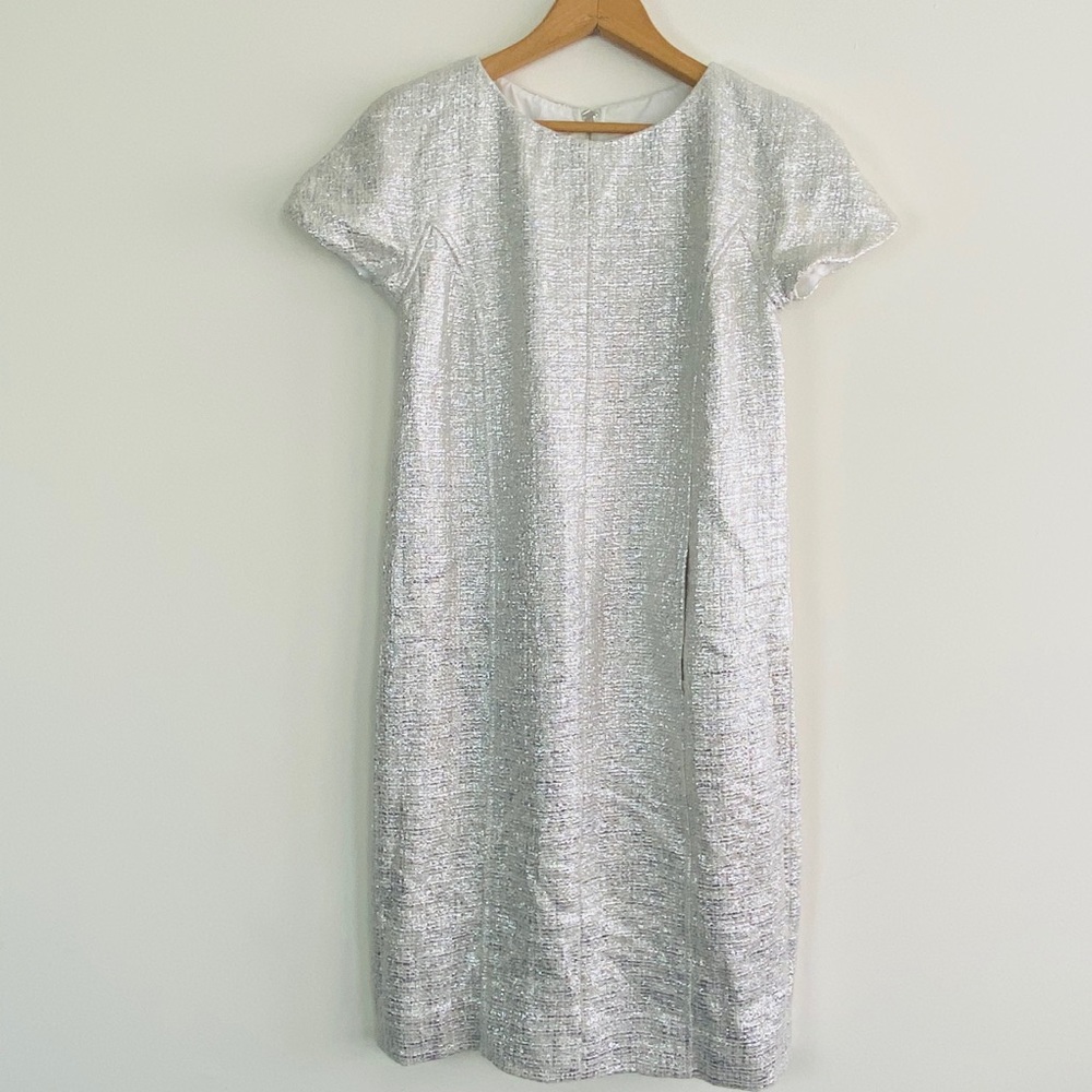 BADGLEY MISCHKA Metallic Silver Tweed Sheath Dress